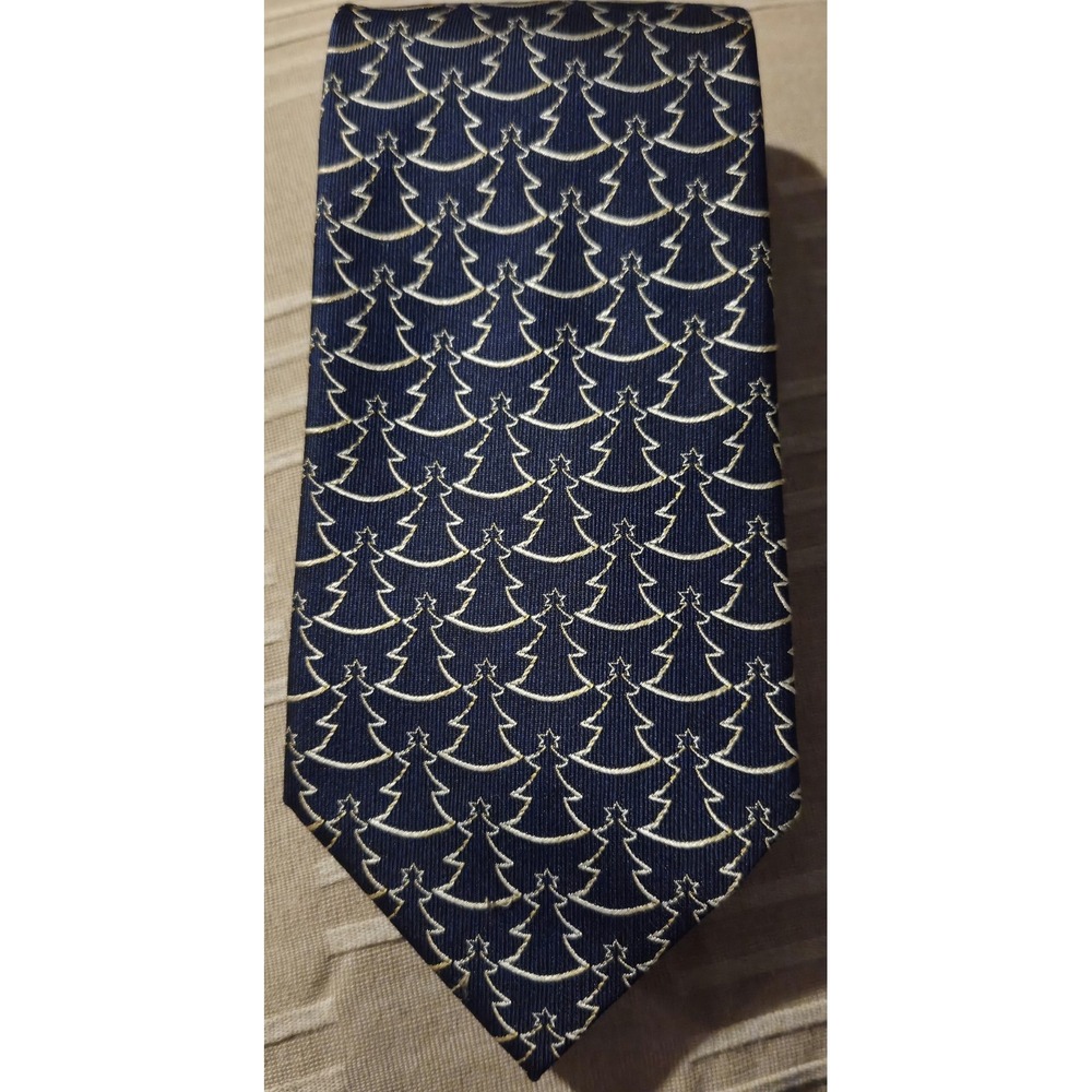 Van Heusen Vintage Tie 100% Silk Navy with Gold Trees Christm